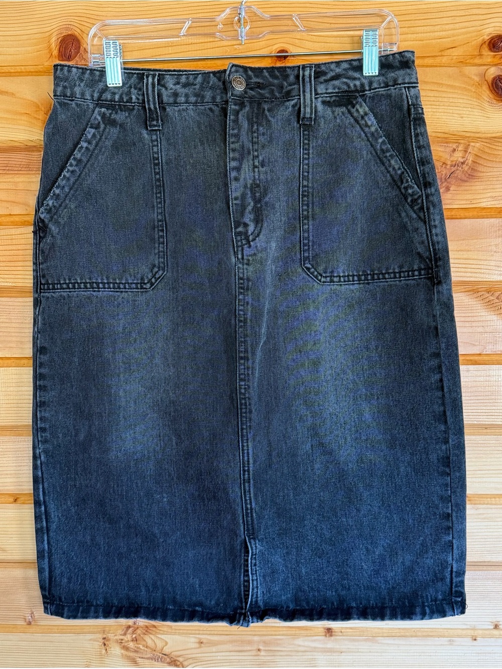 Women's Black Denim Pencil Skirt with Front Patch Pockets
